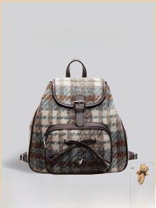 กระเป๋าเป้สะพายหลังผ้าขนสัตว์ลายสก็อตสไตล์ย้อนยุค UREON REYAVO กระเป๋าสะพายไหล่ผู้หญิง ฤดูใบไม้ร่วง 2024 กระเป๋าสะพายหนังใหม่