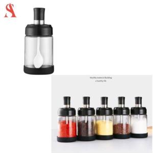 Toples Bumbu Kering dan Botol Minyak Kaca Tempat Bumbu Dapur Sekat 4 Plastik With Sendok Bumbu