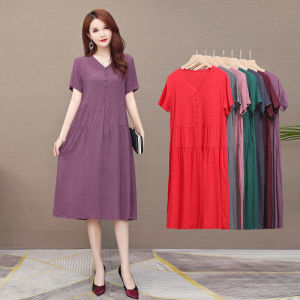 ชุดเดรสคอตตอนสีพื้นหลวมๆ สำหรับคุณแม่ผู้หญิงวัยกลางคนและผู้สูงอายุ แขนสั้น ทรงหลวม ชุดทำงานลำลอง ฤดูร้อน 2024