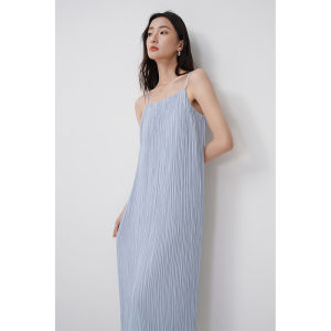 Fashol Blue Crumpled Strap Dress Women Summer High End Elegant Beach Vacation Beach Skirt Street Style Loose Waist A-Line Skirt