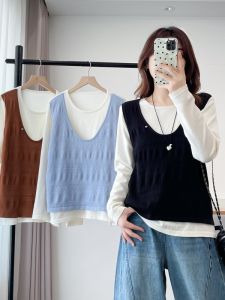 เสื้อสเวตเตอร์ถักคอตั้งแขนยาวทรงหลวมสไตล์ฤดูใบไม้ร่วงสำหรับผู้หญิงไซส์ใหญ่ ทรงเข้ารูป 2 ชิ้น แขนยาว ผ้าโพลีเอสเตอร์