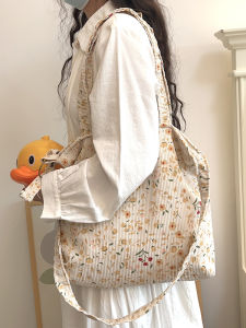 กระเป๋าสะพายผ้าลูกฟูกสําหรับผู้หญิงลายดอกไม้กระเป๋าสะพายข้างสไตล์โมริอ่อนเยาว์เหมาะสําหรับเสื้อผ้าทํางาน