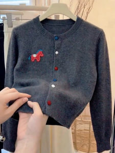 QINGNAER | Fashionable Versatile Dark Gray Knitted Cardigan with Colorful Buttons Womens