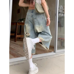 QIANCHANGNAAI | Distressed Fringed High-Waisted Summer Culotte Jeans Eight-Point