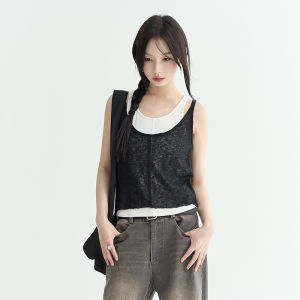 Color Block Slim Fit Sleeveless Vest Womens Summer Outerwear Two-Piece Set Versatile Style Cotton Blend Elastic Fabric