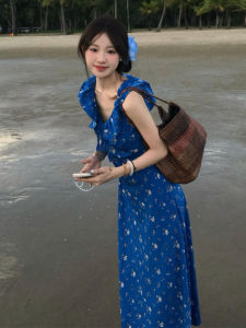 SUSIEYUAN | Klein Blue Flower Pattern Ruffled Women Summer Maxi Dress