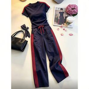 LIANGYILAILIN | Vintage Fashion Womens Slim Fit Short Sleeve T-Shirt & Wide Leg Pants Set