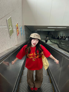 Dopamine Red Short Sleeve Womens T-shirt Loose Oversize Trendy Summer Cotton round Neck Casual Fashion Korean Style Top