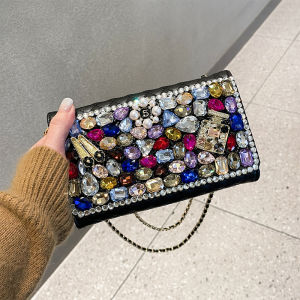 Fashionable Evening Diamond Encrusted Chain Handbag Diamond Grid Shoulder Crossbody Bag Womens Purse Small Size Cowhide Leather