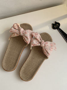 Homesweet Home Floral Butterfly Knot Linen Slippers: Women's Indoor Summer Anti-Slip Comfortable Rubber Foam Bottom Slippers