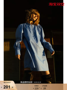 HM ผู้หญิง ผ้าฝ้าย ลำลอง เดรส แขนเสื้อทรงโคมไฟ กระโปรงทรงเอ ใส่สบาย ทันสมัย ฤดูใบไม้ร่วง เดรส สาวๆ ใส่เดินเล่นในเมือง สตรีทสไตล์