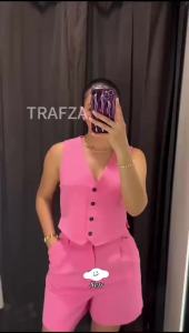 HH Women Solid Casual 2 Piece Set V Neck Single Breasted Vest Top High Waist Slim Shorts Female Casual Office Lady Daily Wear
