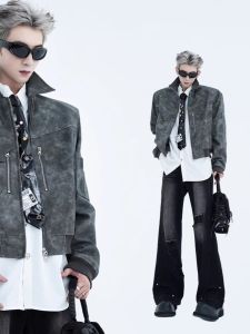 Vintage Suede Leather Jacket Mens American Style Motorcycle Clothes Gradient Smear Pilot Leather Jacket Youth Trend Spring Autumn