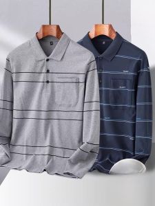 ROMON | Pure Cotton Long Sleeve Polo Shirt with Stripes and Turn-down Collar for Middle-aged Men