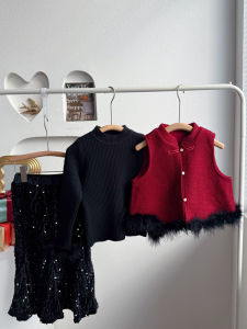 New Chinese Style Winter Tang Suit Three-Piece Set for Girls Childrens Traditional Festive Clothing Trendy Year-End Celebration Outfit