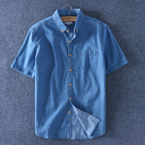 Fashion Brand Full Cotton Casual Half Sleeve Double Pocket Denim Shirt