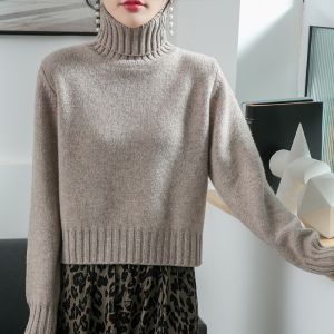 French High-End Short Thickened Knitted High Collar Womens Sweater Autumn Winter New Style Pure Color Long Sleeve Crew Neck Top