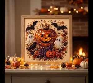 Halloween Ghost & Pumpkin 3D Pearl Art DIY Kit 3D Pearl Mosaic Craft Set Cute Black Cat Ghost Pumpkin Canvas Art Home Decoration