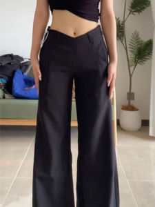 Quần Ống Rộng Cạp Thấp Màu Đen Thường Ngày Cho Nữ Mùa Xuân Thu Quần Ống Rộng Dài Đến Sàn Cạp Cao Ôm Sát Cơ Thể