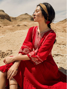 Red Embroidered Dress Yunnan Vacation Ethnic Style Long Skirt Desert Photo Tourist Wear Summer Fashion Womens Clothing