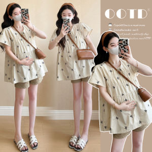 Pregnant Korean Style Bow Sleeve Embroidered Rejuvenating Top and Belly Support Shorts Set