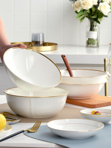 Golden Edge Instant Noodle Large Bowl Ceramic Single Soup Bowl Large Tableware Bone China Large Ramen Bowl For Home Deep Mouth Stew Large Bowl