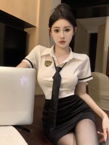 Summer Fashionable Womens Professional Uniform School Style JK Uniform Shirt And Skirt Set Two Pieces Set Commute Korean Version Slim Fit Short Sleeve Button Detail