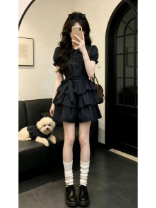 PEIZIXUAN | Hepburn Style French Lace Collar Black Plaid Short Sleeve Fitted Dress
