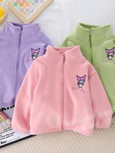 Girls Fleece Lined Jacket Spring Autumn Winter Baby Girl Warmth Inner Lined Open Cardigan Pink Long Sleeve round Neck Solid Color