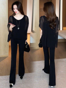 Fashionable Summer Set for Women New Arrival Loose Chiffon Shirt and Flare Pants Slimming Two-Piece Polyester Fiber Set