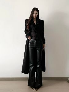 High Waist Flared PU Leather Pants for Women Extended Length Casual Black Bell Bottom Trousers Straight Leg Floor Length