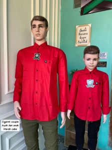 Merah Cabe Kemeja couple ayah dan anak lengan panjang bahan cigaret kemeja pria dewasa dan anak