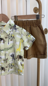 Newborn Boy Cute Shorts Set Cartoon Animal Print Short Sleeve Lapel T Shirt Solid Color Button Decoration Breeches Suit