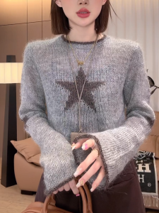 Early Autumn 2024 Korean Style Knitted Star Pattern Womens Simple Versatile Slimming Bell Sleeve Sweater Trendy Commute Wear