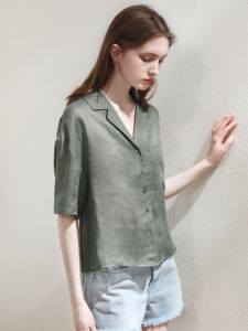Miccbeirn | Pure Flax Short Sleeve Shirt Casual Commute Style Womens Fashionable Golden Spray Simple Meticulous Versatile Short Length Top
