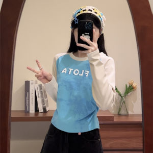 Color Matching Letters Print Long Sleeves T-Shirt Womens Early Autumn Thin Type Sweet and Spicy Bottoming Shirt round Neck Silm Slimming Short Top