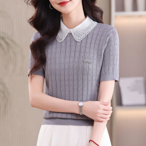 BAIWEISILI | Áo Thun Tay Ngắn Có Cổ Knit Voan Hỗng Mùa Hè
