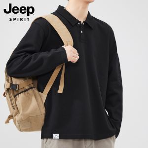 Jeep Spirit Long Sleeve Polo Shirt Mens Casual Sportswear Pure Color Spring Autumn Fashionable Button up Cotton Polyester