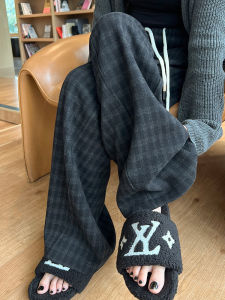 YANTONG | Wool Check Pants Flannel High Waist Loose Warm