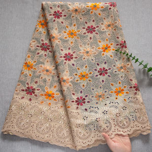 High Quality 5Yards African Swiss Voile Lace Fabric Pink Floral Embroidered with Stones Hollow Out Cotton Lace For Wedding Dress