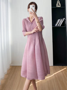 Nova quality⭐One person one pleat ⭐ Temperament gentle elegant comfortable Miyake fold slim waist dress female 2023summer new simple casual fold Warbo design hemline seven-point sleeve long skirt