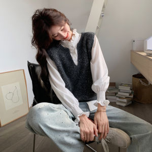Chic Korean Style Womens Knitted Sequin Vest And White Shirt Two-Piece Set Autumn Gray Fashionable Ensemble Long Sleeve V-Neck Polyester Fiber