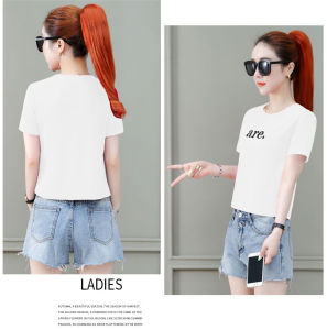 Summer Short Sleeve T-Shirt Womens Thin Letter Embroidery High Waist Simple Cotton Top Commute Style Loose Fit Pure Color