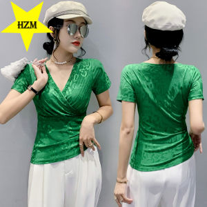 HZM Beautiful Guangzhou Womens T-shirt New style Slim Fit Hot Diamond V-neck Top Fashion Womens 2023 Short Sleeve Jacquard T-shirt Women