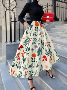 Printed Design Four Seasons Leisure Style Flower Pattern Red Green Element Half Skirt