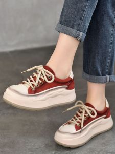 รองเท้าผ้าใบหนาสีแดงสำหรับผู้หญิง รองเท้าผ้าใบลำลอง รองเท้าผ้าใบหนังวัวแท้ รองเท้าผ้าใบทรงหัวกลม รองเท้าผ้าใบหนาสำหรับฤดูใบไม้ผลิและฤดูร้อน