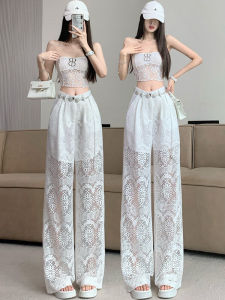 White Casual Pants Womens Summer Thin Stylish Lace Hollow-out Stitching High Waist Loose Pants Draping Mopping Pants