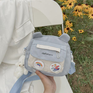 Cute Canvas Bear Bag for Women Student Trendy Ins Cartoon Heart Soft Sister Crossbody Bag Commuter Nylon Medium Size Shoulder Bag