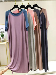 ชุดเดรสยาวแขนสั้นทรงหลวมสไตล์เกาหลีสำหรับฤดูร้อน ผ้าโมดอล ทรงเอ คอตั้ง กระโปรงยาวปานกลาง ชุดนอน แฟชั่นผู้หญิง