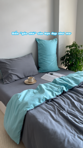 Bộ chăn mền ga gối GONI CHILL màu Xanh Xám - Ga drap giường bo chun cao 4-25cm kích thước 1m 1m2 1m4 1m6 1m8 2m2